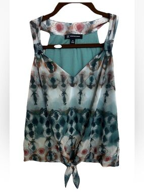 INC International Concepts Teal Watercolor Tie Front Blouse NWOT Petite Small